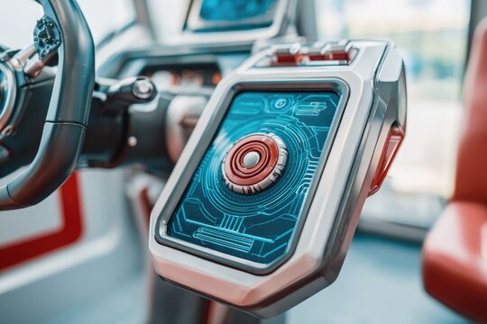 Close-up of futuristic vehicle control panel.  Modern, high-tech interface with digital displays and a central rotary control
