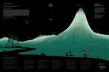Vast landscape infographic with towering teal mountain, detailed text, and  silhouette elements
