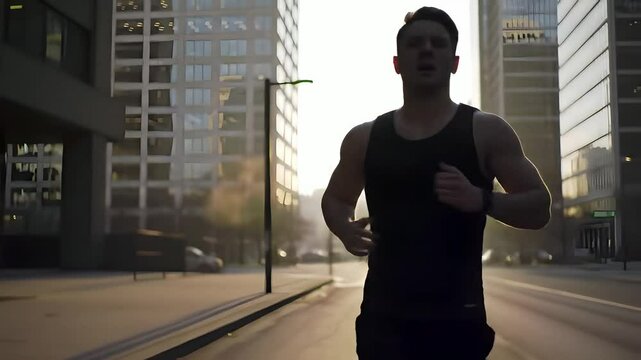 Man running on city street at sunrise for urban fitness and wellness lifestyle
