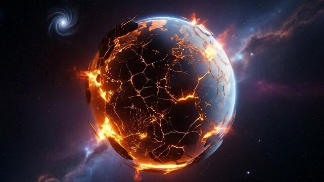 dramatic fiery planet cracks and explodes revealing glowing lava in the vast cosmic expanse.