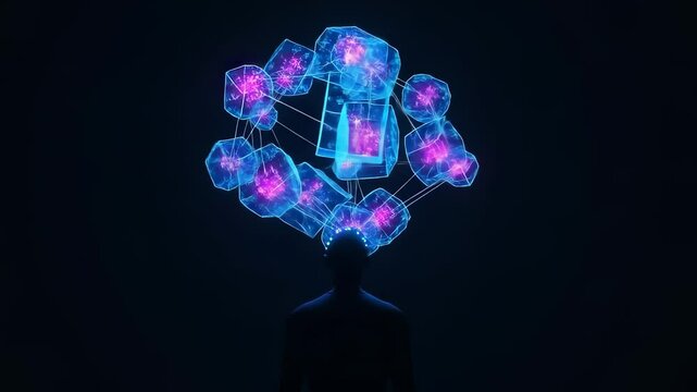 human silhouettes mind processes information as glowing blue and pink data cubes connect and shift above its head.