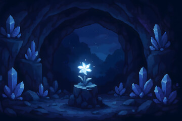 Pixel art of magical cave with glow. A glowing flower inside a dark cave filled with blue crystals.
