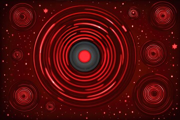 Red concentric circles on a dark background, with glowing lines and stars