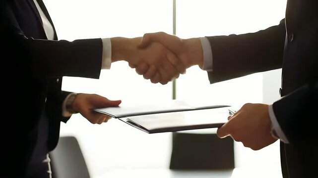 Business handshake sealing deal in modern office environment for corporate partnership