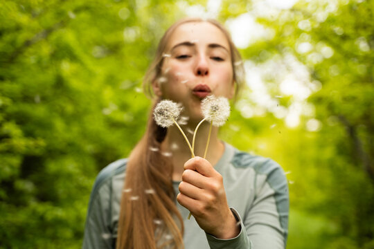 Young woman blowing dandelion seeds at the camera standing on a blurred green forest background, female holding three dandelion seed ball and making wish, girl blowing a wish, happiness and desires