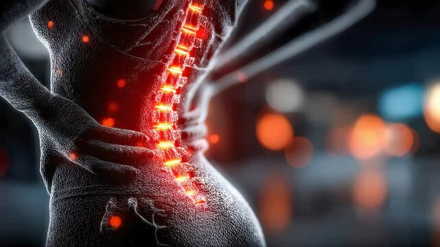 A conceptual medical illustration showing a human back with the spine highlighted in glowing red, symbolizing pain or inflammation, set against a dark, abstract background