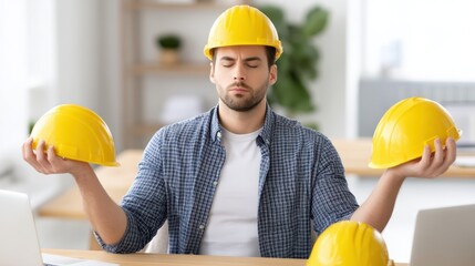 A construction worker in a yellow helmet meditates calmly, holding two helmets in his hands with a focused, peaceful expression.