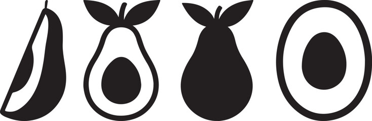 slice avocado fruit silhouette icons set side, front, back, and top views vector illustration