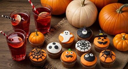 Festive halloween cupcakes with spooky decorations and drinks on a wooden table
