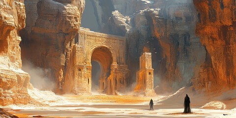 Ancient Ruined Temple with Figures in Desert Landscape