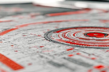 Close-up of a technical diagram, featuring concentric circles and red accents, on a light gray background