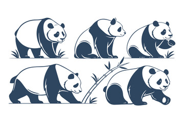 Set of Cute Stylized Panda Bear Illustrations in Various Poses. Vector Animal Design Elements for Logos, Mascots, and Wildlife Concepts