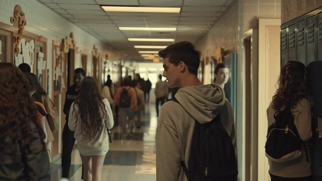 A bustling high school corridor filled with students, but a shy boy stands with his head down in the corner, creating a sense of isolation and neglect. The cool, cinematic color scheme, the soft light