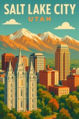 Retro illustration of Salt Lake City Utah showcasing the LDS Temple against a backdrop of skyscrapers and snowy mountain peaks under a turquoise sky and puffy clouds