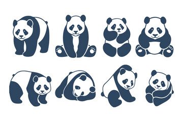 Set of Cute Panda Bear Illustrations in Different Poses. Vector Cartoon Style Animals for Kids Designs, Logos, Stickers, and Branding
