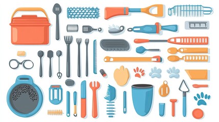 Assortment of Various Tools and Utensils, Including Pet Supplies, Isolated on White