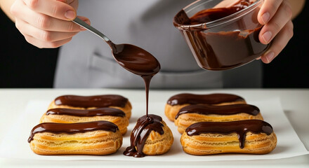 A neat row of freshly glazed chocolate eclairs cooling on a wire rack in a bakery