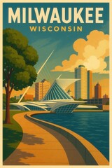 Artistic vintage poster of Milwaukee Wisconsin featuring the Milwaukee Art Museum with a pedestrian path along the lakefront and city skyline in the background
