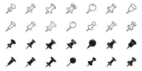 Push Pin Line And Solid Icon Set. Office And Organization Tool Outline And Silhouette Symbol Collection. Stationery And Bulletin Board Accessory. Isolated Vector Illustration