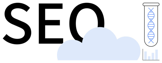 SEO text alongside cloud graphic, DNA strand in a test tube, and analytics chart. Ideal for technology, science, data analysis, digital marketing, biotechnology, innovation and research themes
