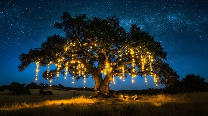 Obraz premium Illuminated tree in a starry night sky.