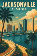 A stylized illustration of Jacksonville Florida with palm trees, a winding riverside path, and prominent city skyscrapers under a dramatic sunset sky