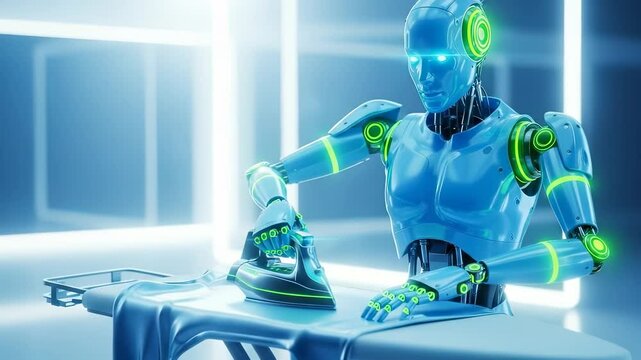 sleek blue humanoid robot precisely irons a garment on an ironing board in a futuristic neon-lit environment.