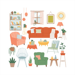 Furniture collection for modern home interior design. Trendy house decor, sofa, couch, chair, armchair and lamp. Apartment room items, decoration