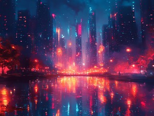 Fototapeta premium Neon Cityscape Reflecting in Water at Night