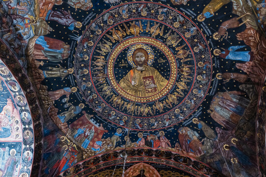 Close-Up View of Christ Pantocrator and Angelic Circles in the Central Dome of Bachkovo Monastery, Bulgaria, with Detailed Orthodox Christian Fresco Art