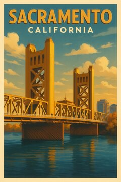 Stylized vintage art of Sacramento California showing the Tower Bridge crossing over a calm river with reflections and city buildings in the background