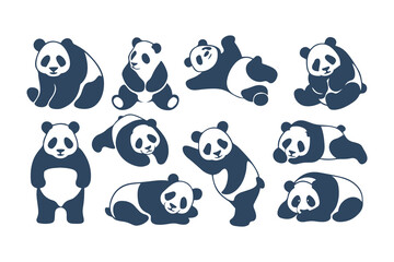 Naklejka premium Set of Cute Panda Bear Illustrations in Different Poses. Vector Cartoon Style Animals for Kids Designs, Logos, Stickers, and Branding