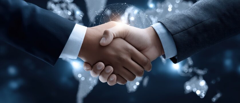 Two business professionals shaking hands with a glowing digital globe in the background symbolizing global partnership and cooperation.