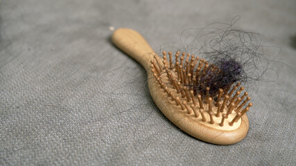 brush and damaged hair are placed on the sofa.