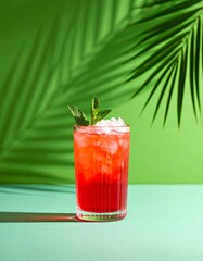 Vibrant red cocktail in a tall textured glass with crushed ice and mint, set against a green background with palm shadows for a cool tropical vibe.