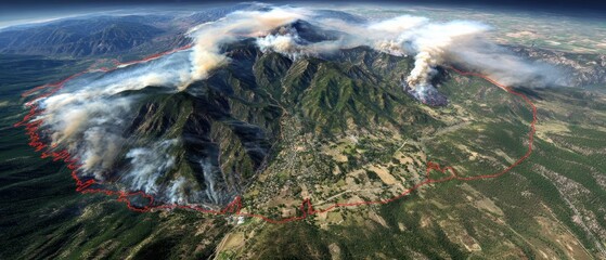 Aerial view of a wildfire engulfing a mountainous forest area, with smoke billowing and a red fire perimeter line marking the affected zone.