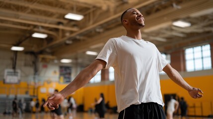 Youth enjoying a moment of triumph in a basketball gym during a practice session in the afternoon
