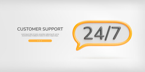 24 7 3d service banner. Realistic speech bubble with yellow border and black 24 7 service text. Hotline customer support concept. Trendy cute vector landing for service, help, working hour
