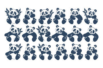 Set of Cute Baby Panda Bear Illustrations in Various Poses. Adorable Vector Animal Characters for Kids Designs, Logos, and Stickers