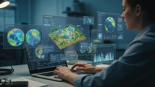 Scientist working on a laptop with holographic displays of Earth, climate data, and smart city models, symbolizing environmental research and sustainable development