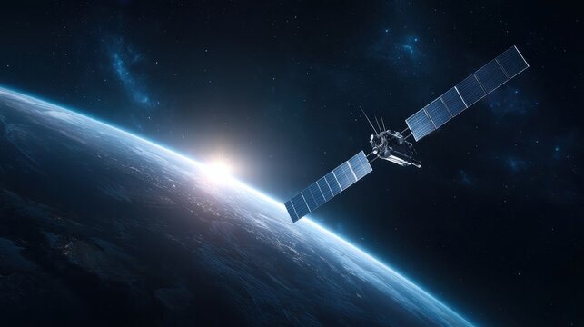 A satellite orbits Earth with the sun rising over the horizon against a backdrop of stars and deep space.