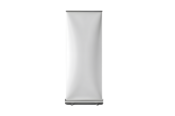 Empty white roll-up banner mockup standing upright on a clean white background, perfect for displaying promotional messages or company branding.