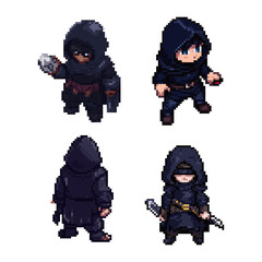 Pixel Art Dark Robe Assassin Characters Collection, Fantasy RPG Sprites. Collection of four distinct pixel art characters adorned in dark, hooded robes, rendered in a classic retro video game style
