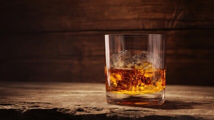 The glass of whiskey with ice on a rustic wooden table.