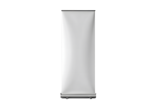 Empty white roll-up banner mockup standing upright on a clean white background, perfect for displaying promotional messages or company branding.
