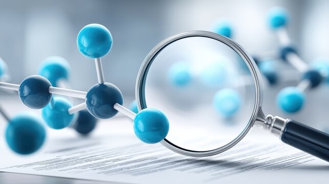 A magnifying glass focuses on a molecular model, highlighting scientific research and analysis in a laboratory setting.