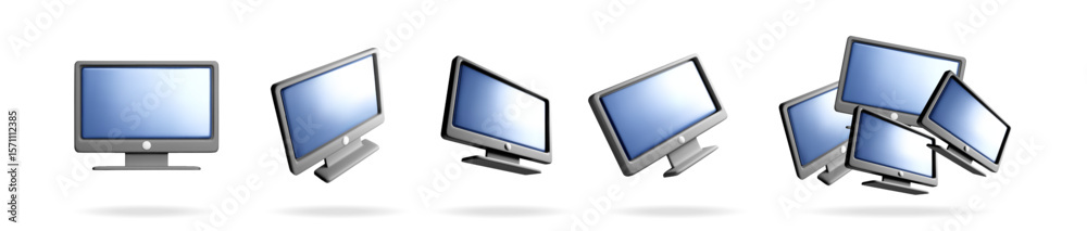 Poster 3d computer monitor set in various positions on white background. digital display for technology and