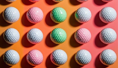 A grid of white golf balls, each one painted in different colors like orange, green, pink, or blue.