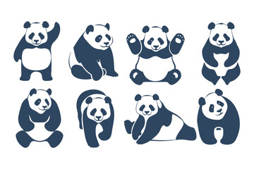 Obraz premium Set of Cute Stylized Panda Bear Illustrations in Various Poses. Vector Animal Design Elements for Logos, Mascots, and Wildlife Concepts
