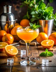 Zesty orange cocktail in a coupe glass with mint and ice, set on a bar counter with citrus fruits and tools — fresh garden bar vibes all around.